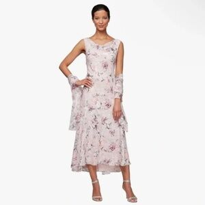 Alex Evenings 8275719 Floral High Low Chiffon Dress with Shawl